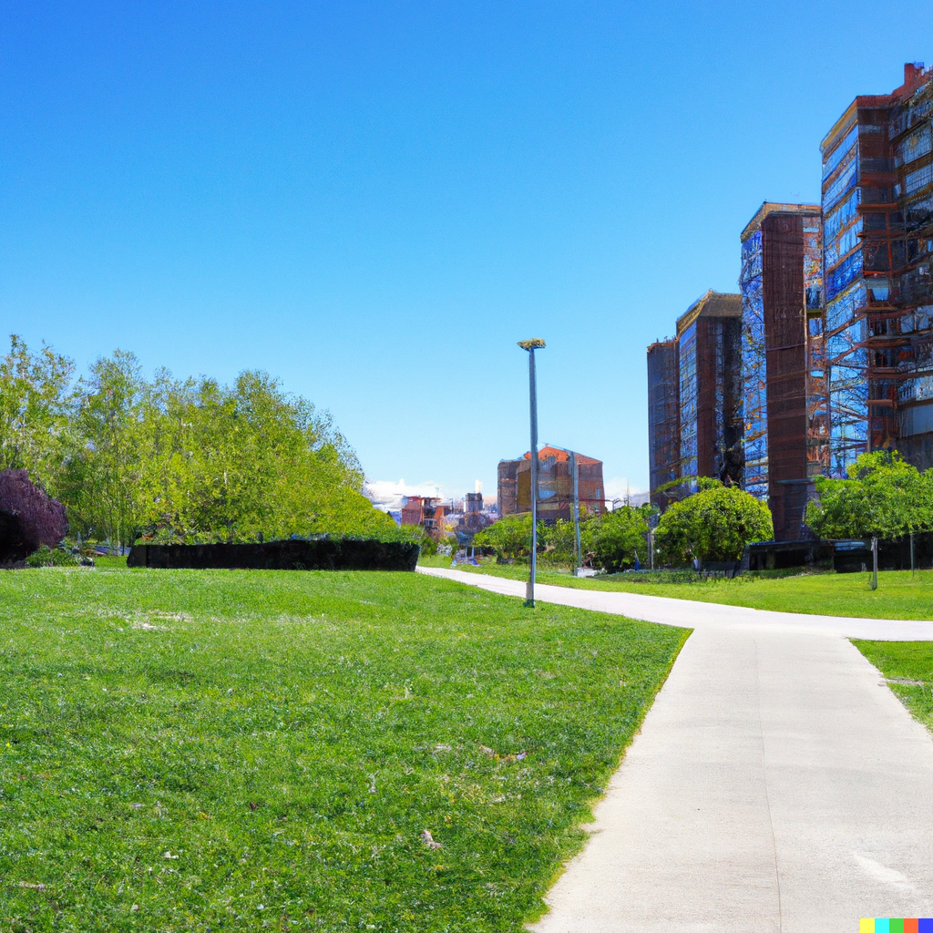 parque verde y una calle con edificios al fondo